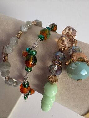Boho Beaded Bracelet Set Green Amber Crystal Stretch Bracelets Bundle